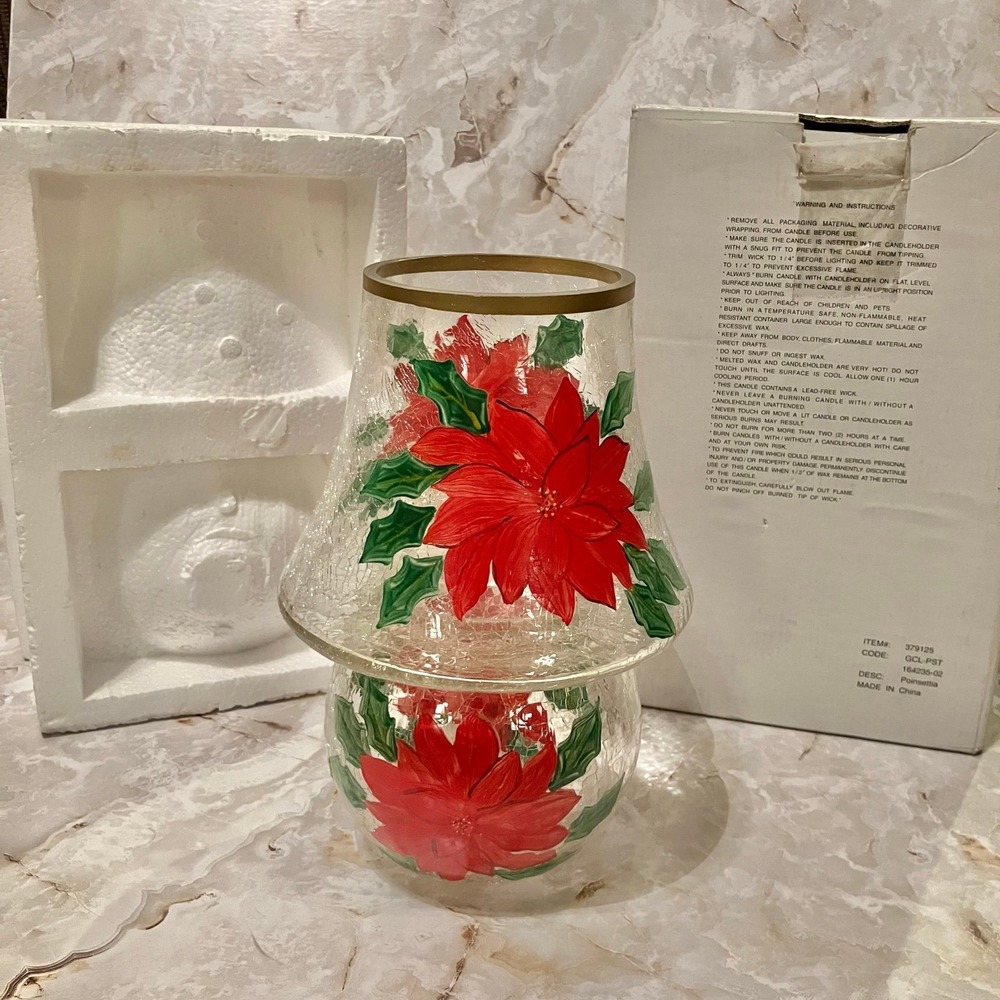 Yankee Candle Crackle Glass Poinsettia Lamp Set Votive Holder Hurricane Shade